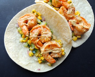 Shrimp Tacos with Corn Salsa and Chipotle-Avocado Crema