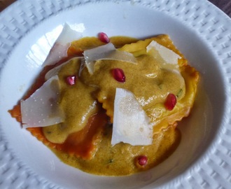 Legends from Europe Market Basket Recipe Contest for Bloggers: Pumpkin Raviolis with Pumpkin Alfredo Sauce with Sage, Pomegranate Seed and Parmigiano Reggiano