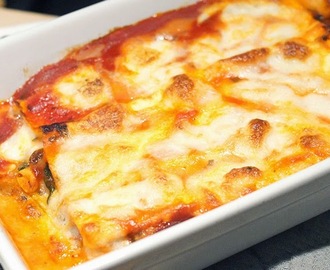 Vega: Lasagne met spinazie, studentenhaver, mozzarella en tomatensaus