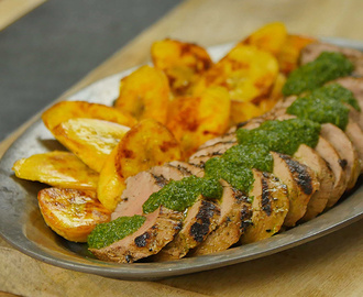 Grilled Cuban Mojo Marinated Pork Tenderloin with Fried Plantains