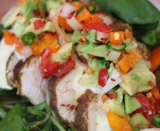 PALEO CURRY SPICED CHICKEN WITH CREAMY CUECUMBER MAYO DRESSING AND AVOCADO CHILLI LIME SALSA