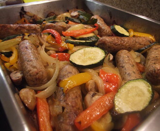 Veggie sausage and roasted vegetable tray bake