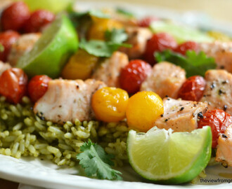 Oven Roasted Salmon and Cherry Tomato Skewers over Mexican Green Rice
