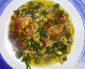 Spiced Roast Monkfish on a Smokey Aubergine Puree with an Olive and Caper Sauce Recipe