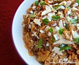 Cook Once, Eat Twice: Farfalle with Pesto Rosso, Eggplant and Ricotta Salata
