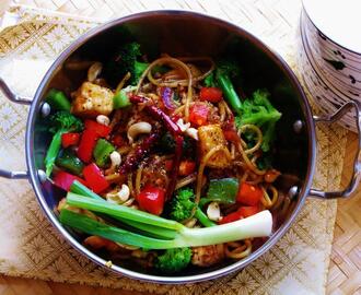 Spicy Kung Pao Style Chinese Noodles and Tofu Stir Fry