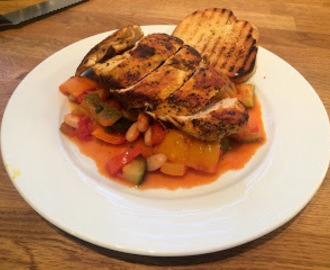 Smoky Chicken with Spicy Ratatouille and Giant Croutons