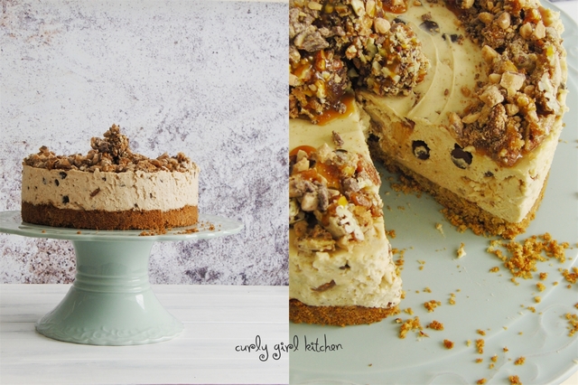 Chocolate Chip Cookie Dough Cheesecake with Salted Candied Pecans, Caramel and Toffee