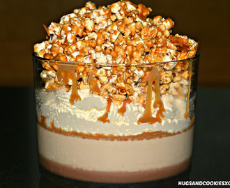 CHOCOLATE GANACHE & SALTED CARAMEL PANNA COTTA TRIFLE TOPPED WITH WHIPPED CREAM & CARAMEL POPCORN