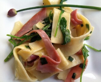 Egg Pappardelle with Arugula, Leeks and Prosciutto