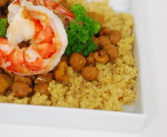 vadouvan curry quinoa met kikkererwten en scampi's