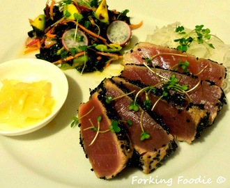 Seared Sesame Tuna with a Soy, Ginger and Lime Seaweed Salad and Daikon Noodles (includes Thermomix method)