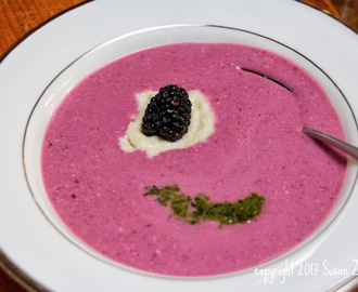 Chilled Blackberry Soup with Basil Honey Pesto and Sweet Corn Sauce