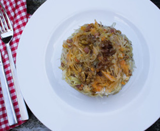 Crazy Sauerkraut Sweet Potato Mash with Walnuts, Dates and Vegetarian Bacon