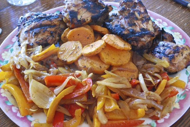 Grilled Marinated Chicken Thighs with Grilled Sweet Potato and Sauteed Peppers and Onions