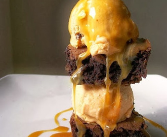 Pumpkin Cheesecake Ice Cream and Scratch Fudge Brownies with Salted Caramel Drizzle