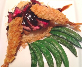 Oriental Filet Mignon with Crisp Kataifi and Shrimp Tempura