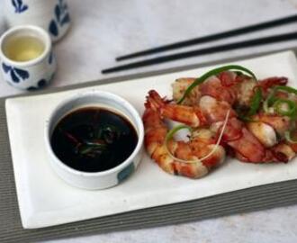 Salt and pepper Sichuan prawns with soy chili dipping sauce