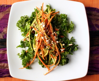 Raw Courgette & Carrot Noodles tossed in Homemade Hempy Pesto, with Lemon & Garlic Kale