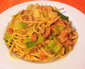 Jill’s pasta met spek, prei en tomaat