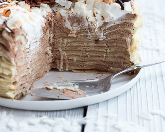Coconut Cream Crepe Cake with Chocolate Mousse and Rum!