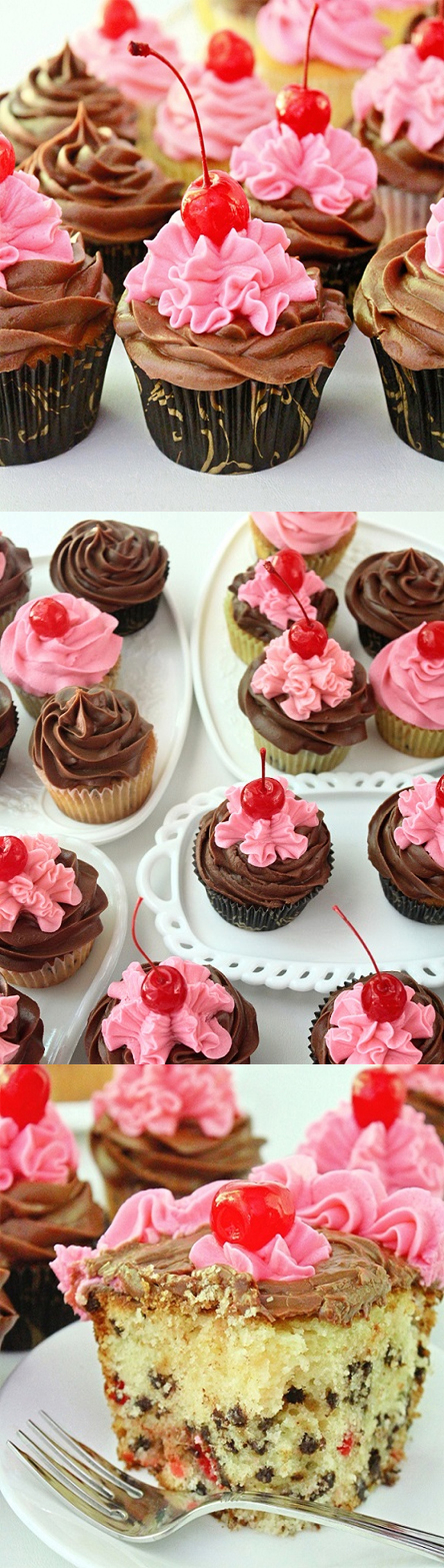 Cherry Cupcakes with Chocolate Chips and Buttercream Frosting