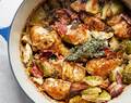 One-Pot Apple Cider Braised Chicken with Brussels Sprouts and Bacon