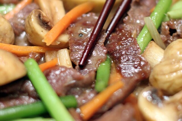 Stir Fried Beef, Garlic Sprouts and Mushrooms