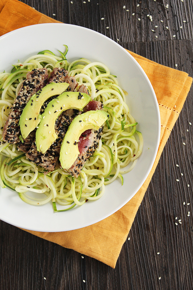 Sesame Crusted Tuna & Avocado with Spicy Sesame Zucchini Noodles