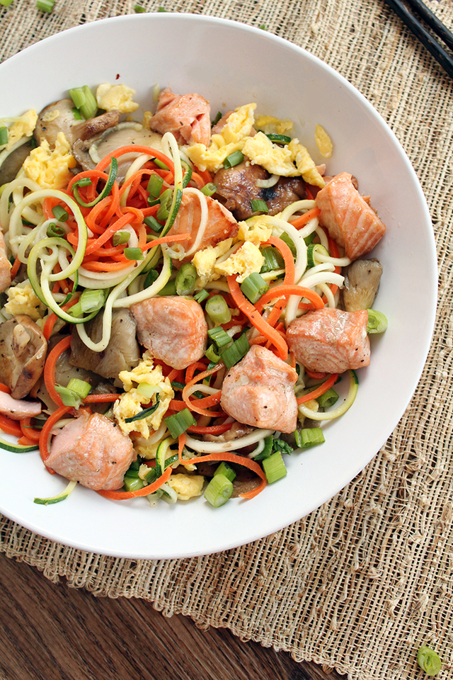 Ginger Garlic Salmon Carrot & Zucchini Noodle Bowl with Shiitake & Oyster Mushrooms