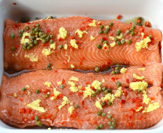 Salmon with ginger, chilli and capers