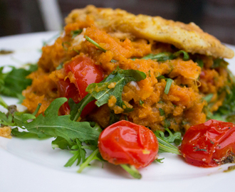 Arugula, Pesto & Oven Roasted Tomato-Sweet Potato Mash with Fish Schnitzel