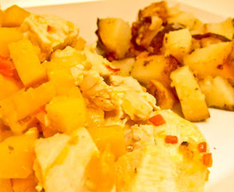 Kyckling (kalv), potatis med rostad pumpa med chili och kokosmjölk. ”veckans matlåda”