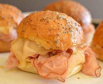 Hot Ham & Cheese Sliders (with butter, mustard and poppy seed glaze)