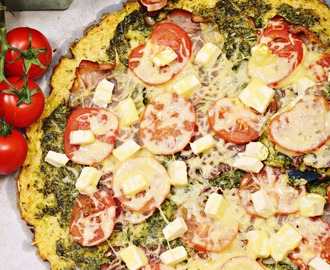 Karfiol pizza, medvehagymás-spenótos pestoval, erdei sonkával és feta sajttal