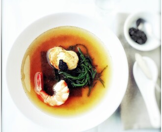 Miso soup with prawn, scallop and samphire