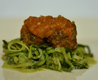 Courgette (Zucchini) Spaghetti, Pesto and Meatballs