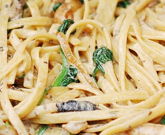 Creamy mushroom pasta with caramelized onions and spinach