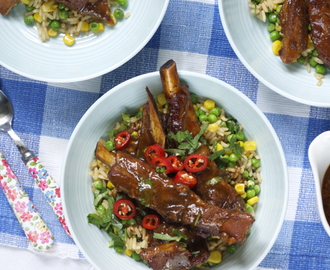 Slow cooker sticky ribs with cheat's fried rice