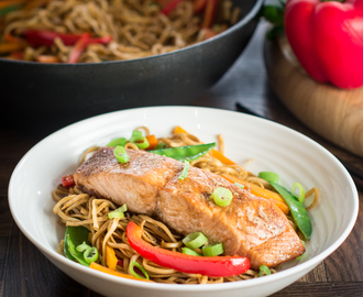 Soy and Sesame Salmon with Vegetable Chow Mein