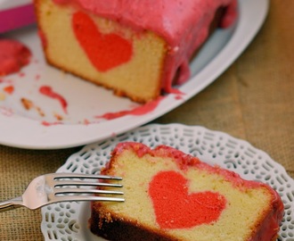 Valentines Day Peek-a-Boo Pound Cake with Raspberry Cream Cheese Frosting