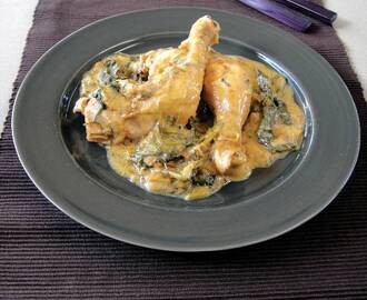 Chicken legs fricassée with Swiss chard and herbs in avgolemono sauce