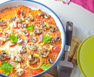 MeatlessMonday: Sweet Potato Pizza/Bake with Mushrooms, Onions, Red Peppers & Melted Cheese