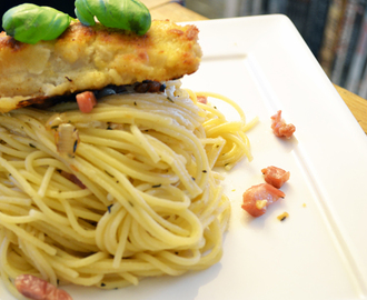 Spaghetti Aglio e Olio met bacon en kabeljauw