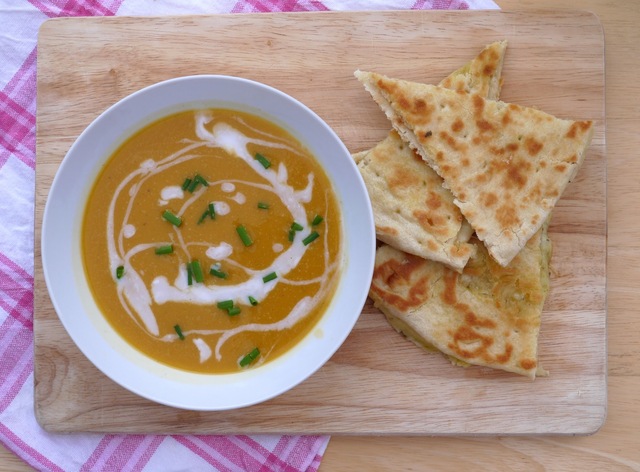 Roasted Butternut Squash Soup + Smoky Cheddar Za'atar Naan Dippers.