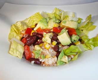 Salade de riz à la coriandre, citron vert et tomate façon tacos (poivron, haricots rouges, avocats, laitue) et sauce pimentée