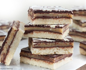 Chocolate caramel shortbread cookie bars recipe