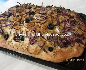 Focaccia Bread with Onions, Olives & Herbs [Italian Bread]