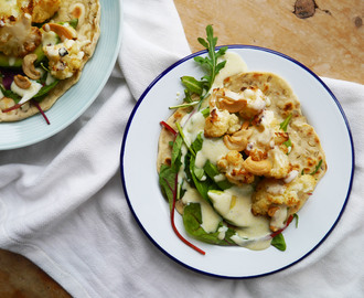 Chilli + Garlic Flatbreads with Roast Cauliflower and Lemon Yoghurt (Vegan)