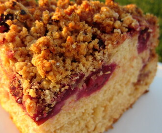 Drożdżowe ciasto OWSIANE z jeżynami i śliwkami pod słodką WANILIOWO- POMARAŃCZOWĄ owsianą  kruszonką
